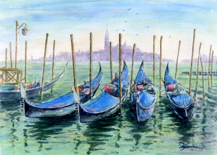 【真作】版画　リトグラフ　ヴェネツィアのゴンドラと橋　運河風景版画　Y160 絵画 風景画(街並み) イタリア ヴェネツィア ゴンドラと橋 インテリア