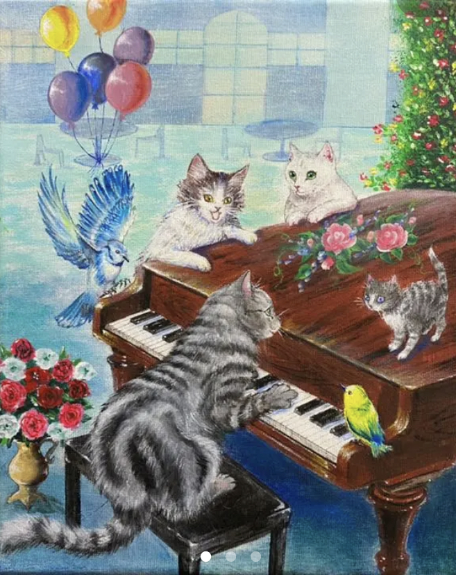 絵画。壁掛け原画【可愛い猫たちのロマンチックなピアノ演奏会】 primary.jpg