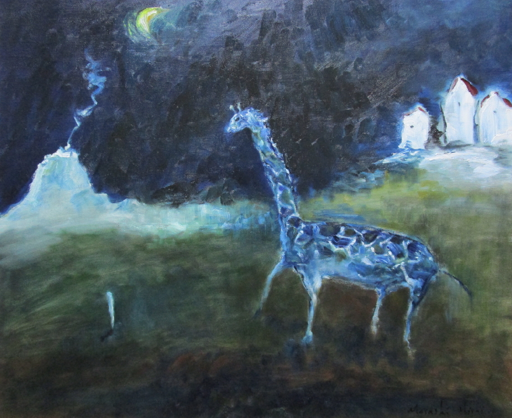 キリンの絵画（青い背景） 青いキリンを見た夜 — Artmeter™