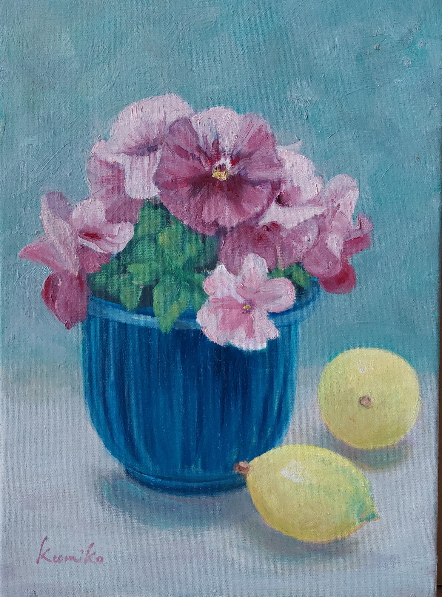 【真作】絵画　油彩SM　紫のパンジー　鉢植え花の静物画　Y190 primary.jpg