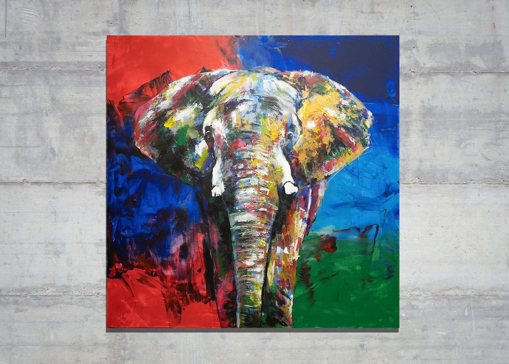 絵画  ｜手描き｜油絵 ｜オリジナル ｜象 ｜ELEPHANT 鮮やかでカラフルな象 ｜ Artist Monkeysによるオリジナル油絵