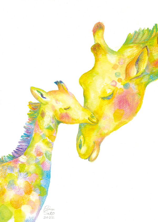 キリンの親子　水彩画　自己流　動物好き キリンの親子 — Artmeter™