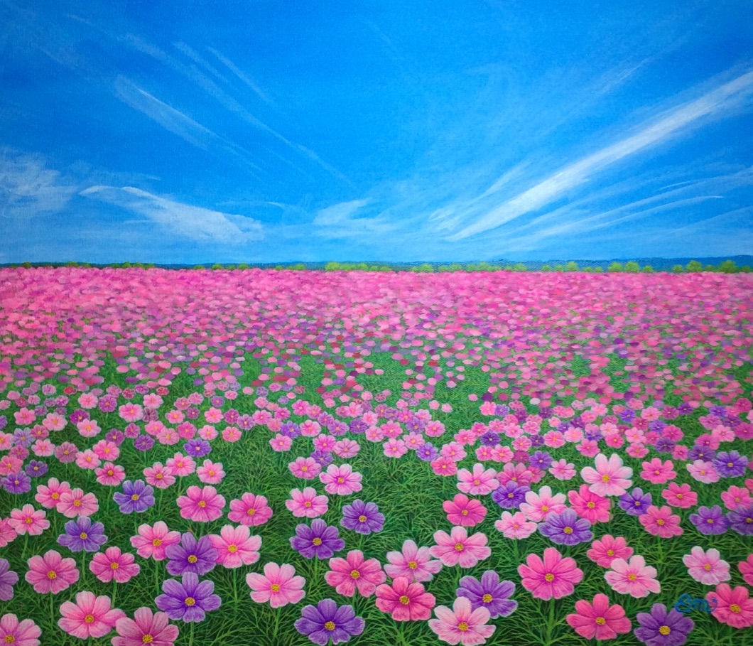 油絵 絵画 コスモス畑【SM号】 油絵 絵画 コスモス畑【色紙】 絵画 HR 通販 14626713｜Creema