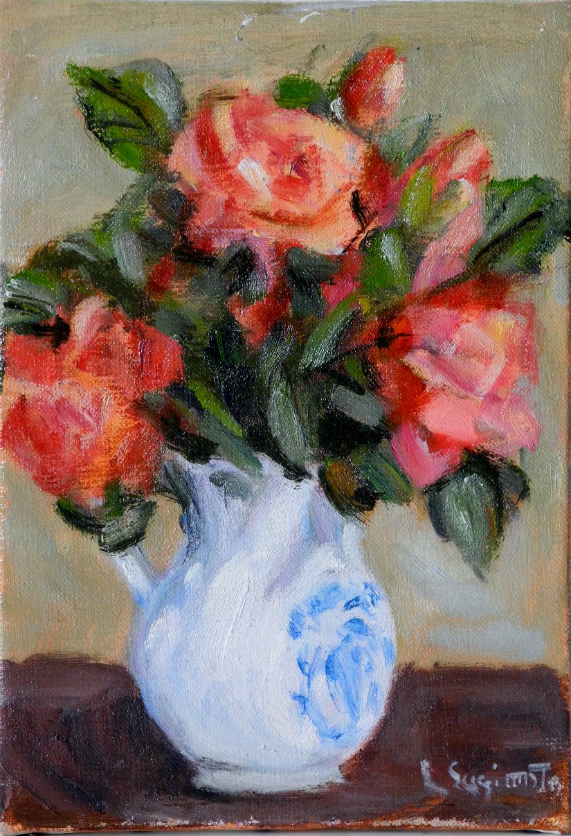 画家　S.INABA 稲葉　作者不明　油彩画　油絵　薔薇の絵　バラ　花瓶　額入 画家 S.INABA 稲葉 作者不明 油彩画 油絵 薔薇の絵 バラ 花瓶 額入の