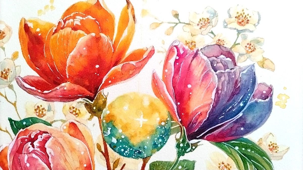 絵画。原画【2匹のかわいい猫がピンクの花の中で花の香りを感じている】 絵画 猫の絵 「365のレシピ」 ネコのインテリア