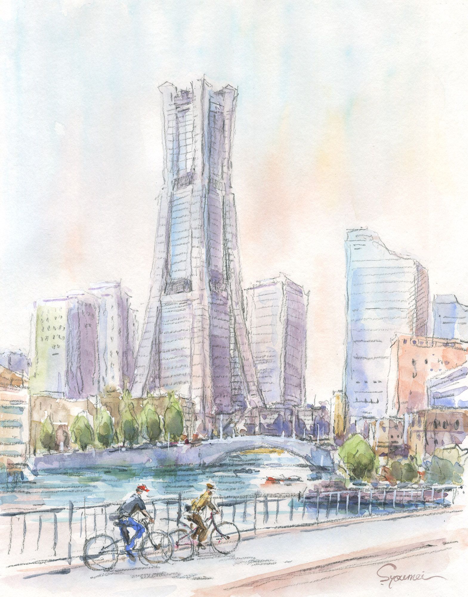  日本画  ランドマーク&ロープウェイ 横浜 絵画