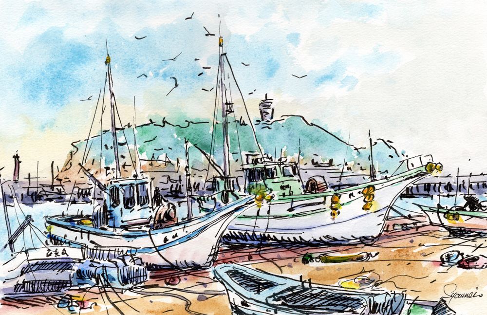 水彩画原画 腰越漁港風景 A #700 — Artmeter™