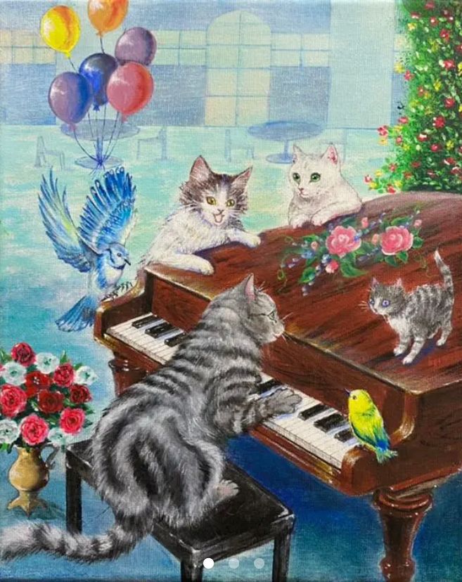 絵画。壁掛け原画【可愛い猫たちとロマンチックのピアノ曲】 ピアノを弾く猫 — Artmeter™