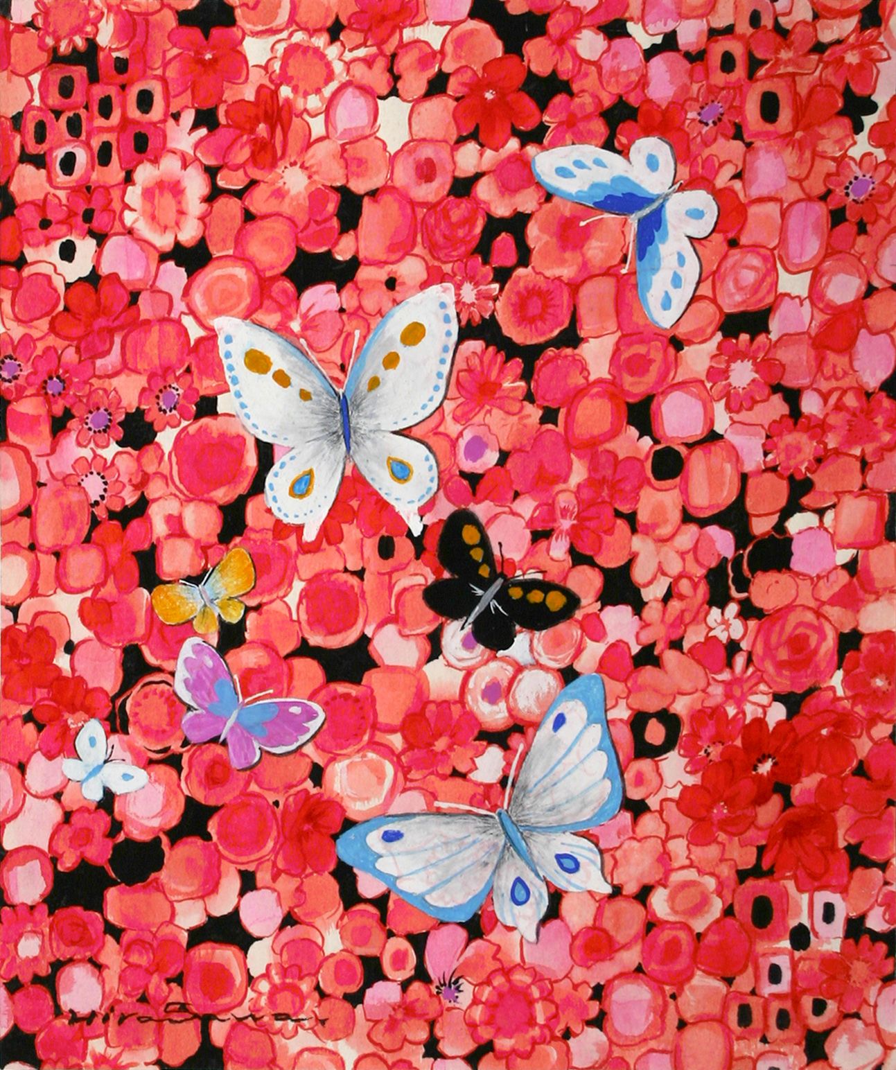 ピンクの花と蝶たち — Artmeter™