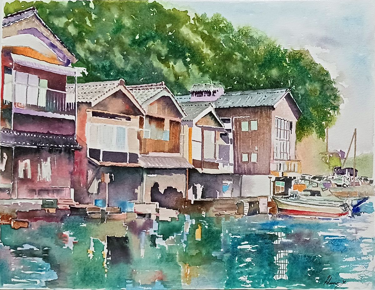油彩画　「　伊根の舟屋　」　原画　額付 伊根の舟屋 — Artmeter™