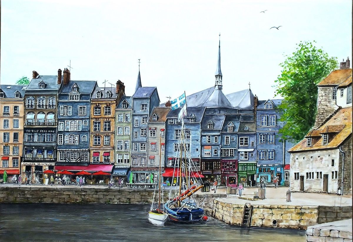 「真作」夏目公平「オンフルール港町」風景画　油彩画　額装　サイン有り　F4号 港町 オンフルール — Artmeter™