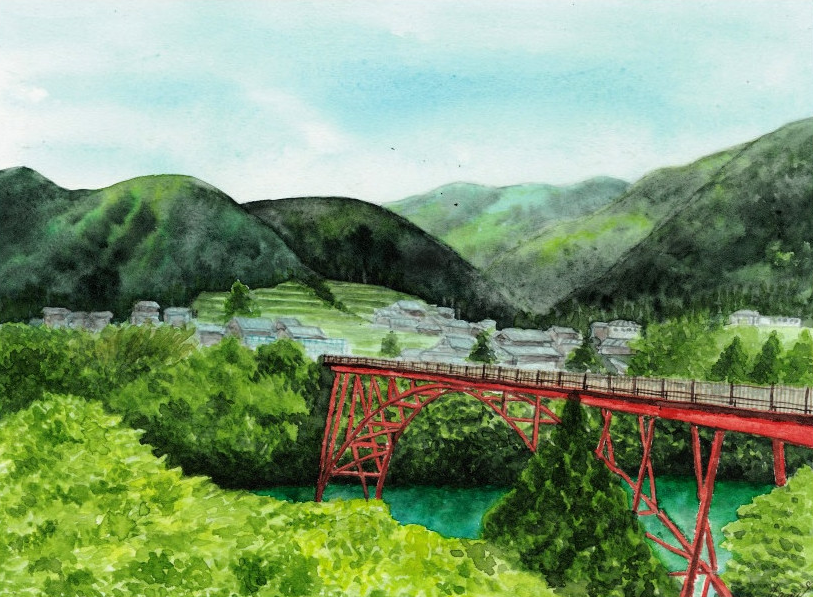 【真作】絵画　油彩6号　渓谷に架かる白橋　山間集落と鉄橋の風景　A199 真作】絵画 油彩6号 渓谷に架かる白橋 山間集落と鉄橋の風景 A199